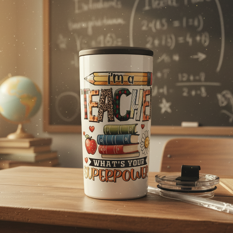 4-in-1 Can Cooler, Teacher Superpowers – Retro Classroom, No Straw