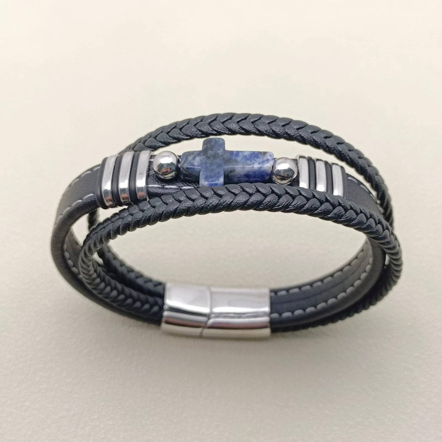 Stone Cross Charm 3 Layer Leather Men's Bracelet - MJ/BC: A