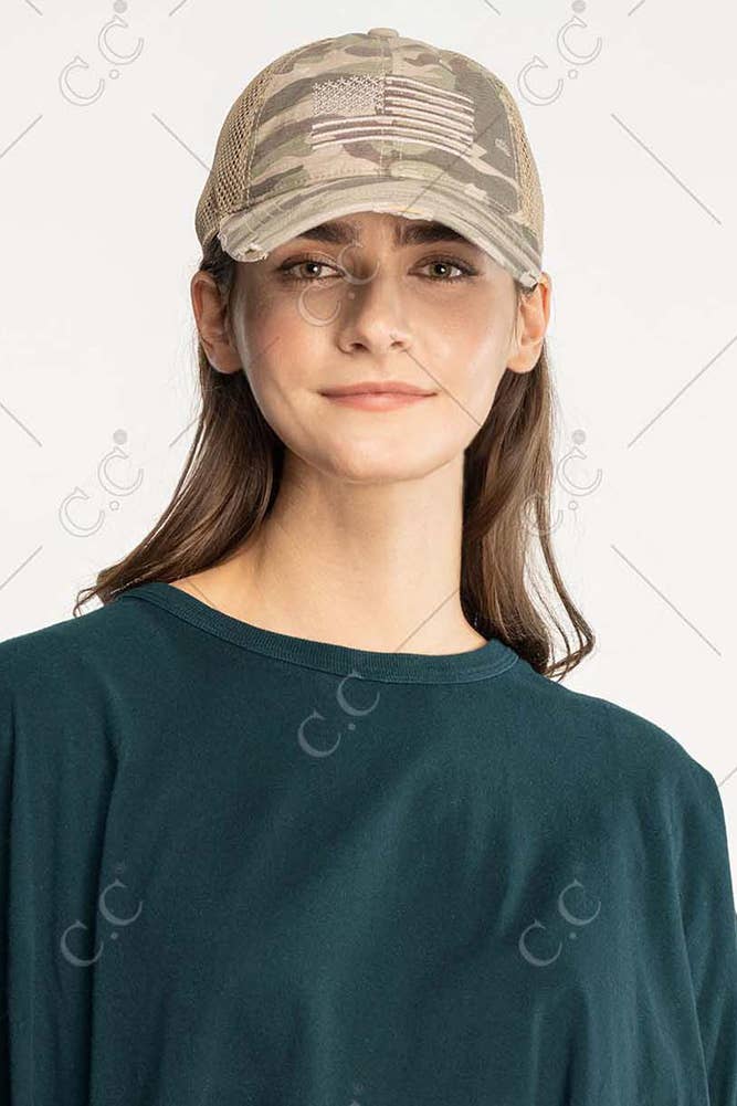 C.C American Flag Embroidery Camo Baseball Cap: Olive