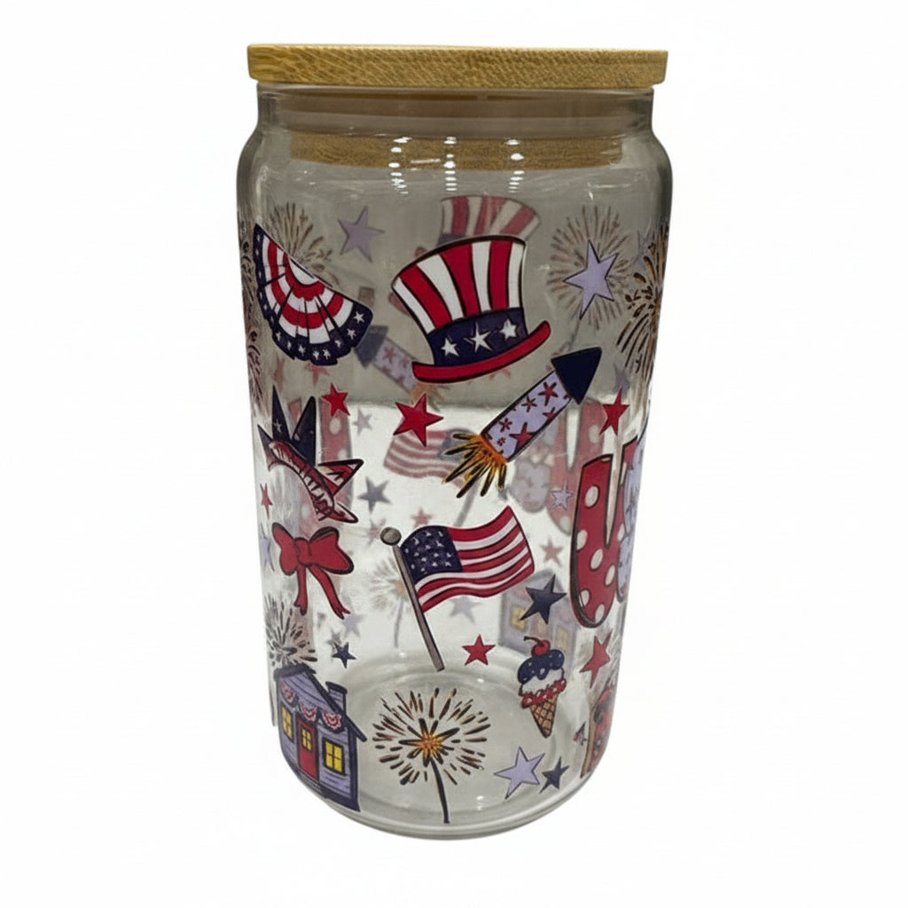 Decorative jar with patriotic designs on a white background