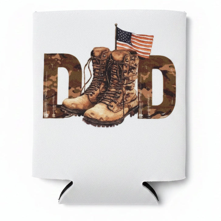 Koozie with military-themed design featuring boots and an American flag on a wooden surface
