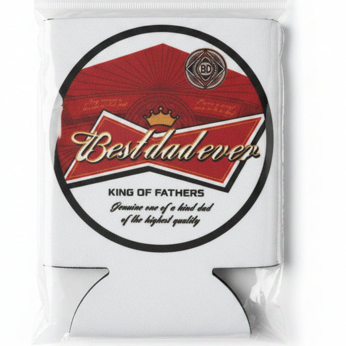Koozie with 'Best Dad Ever' design in packaging on a black background