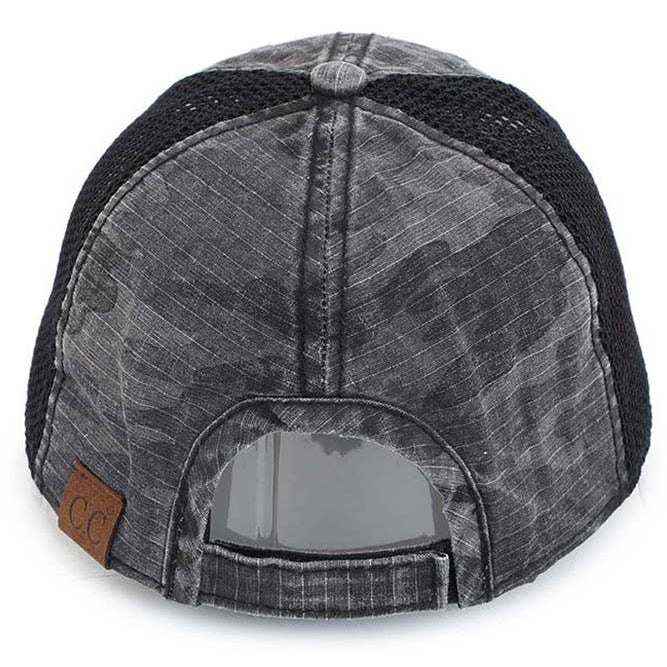 Back view of a gray and black cap with a brown patch on a white background