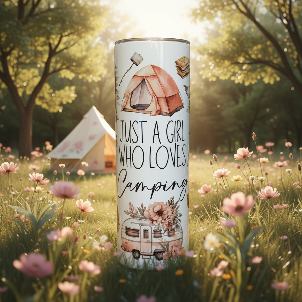 Tumbler with camping-themed design and text 'Just a Girl Who Loves Camping' on an outdoor background with flowers