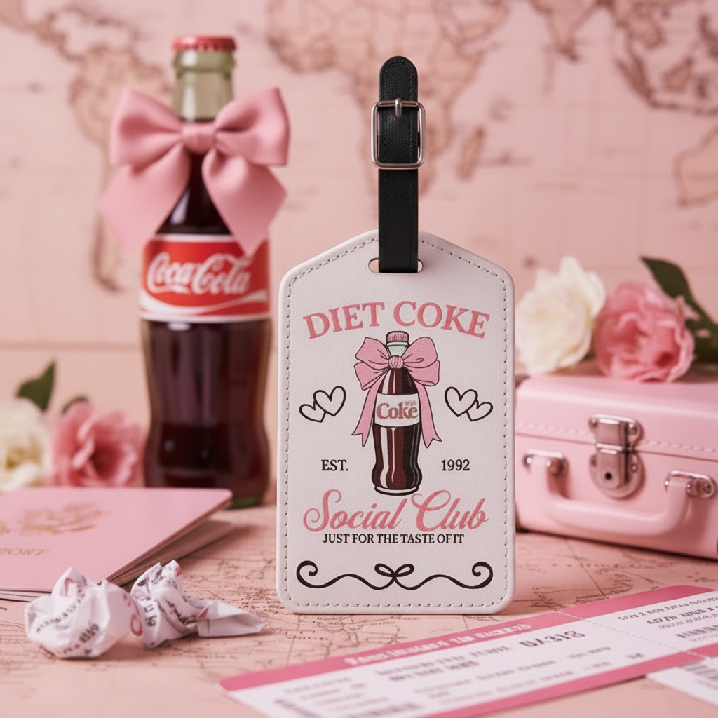 Diet Coke Social Club luggage tag with bottle illustration and text on a white background