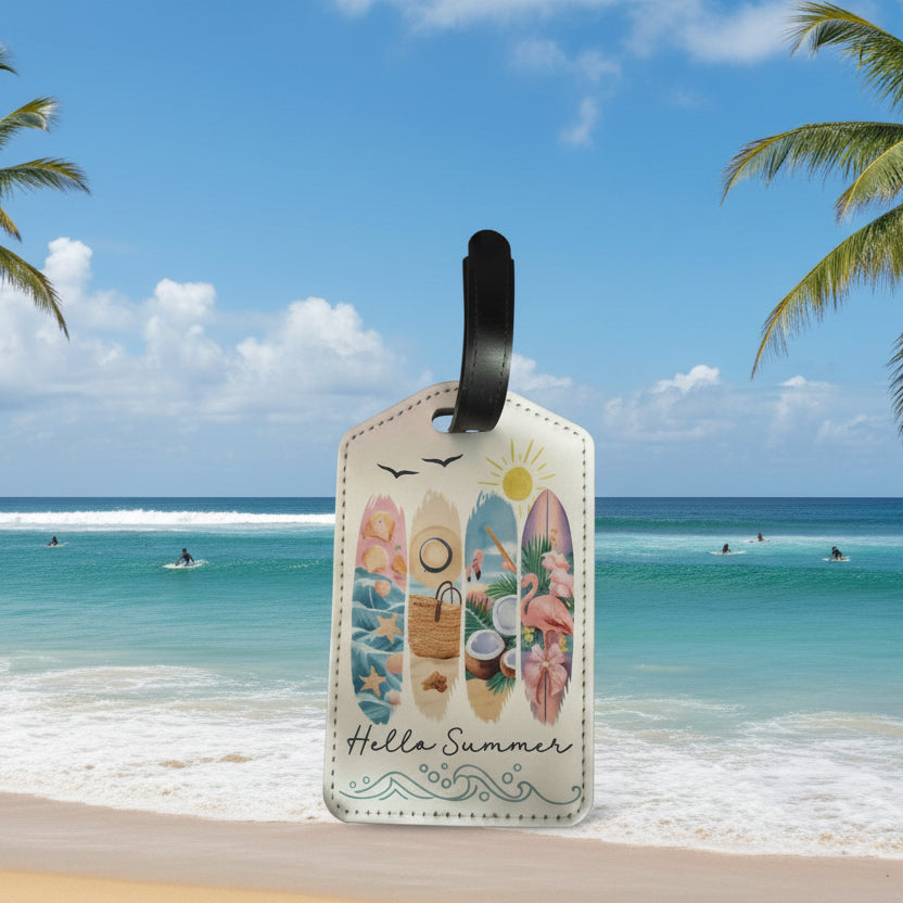 Luggage tag with summer-themed design featuring flamingos, surfboards, and beach elements on a white background.