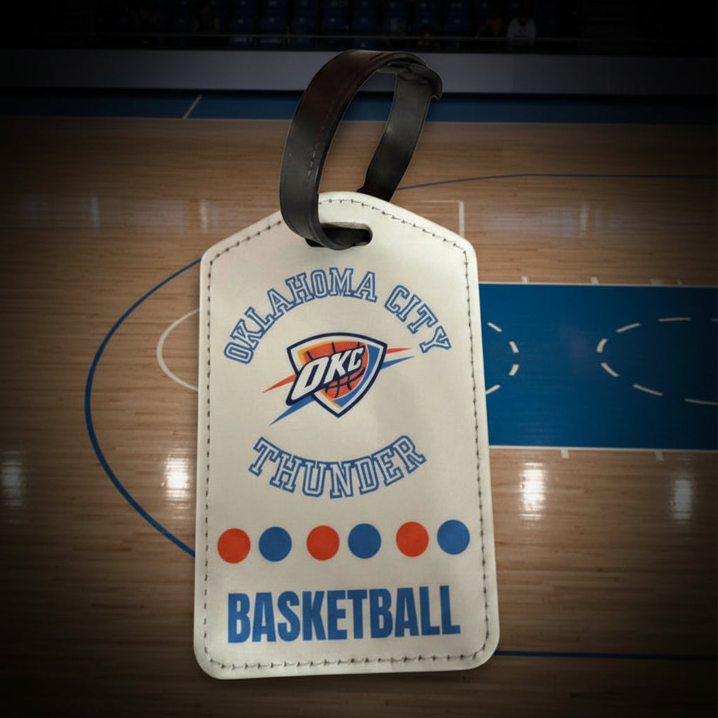 Oklahoma City Thunder basketball luggage tag on a white background