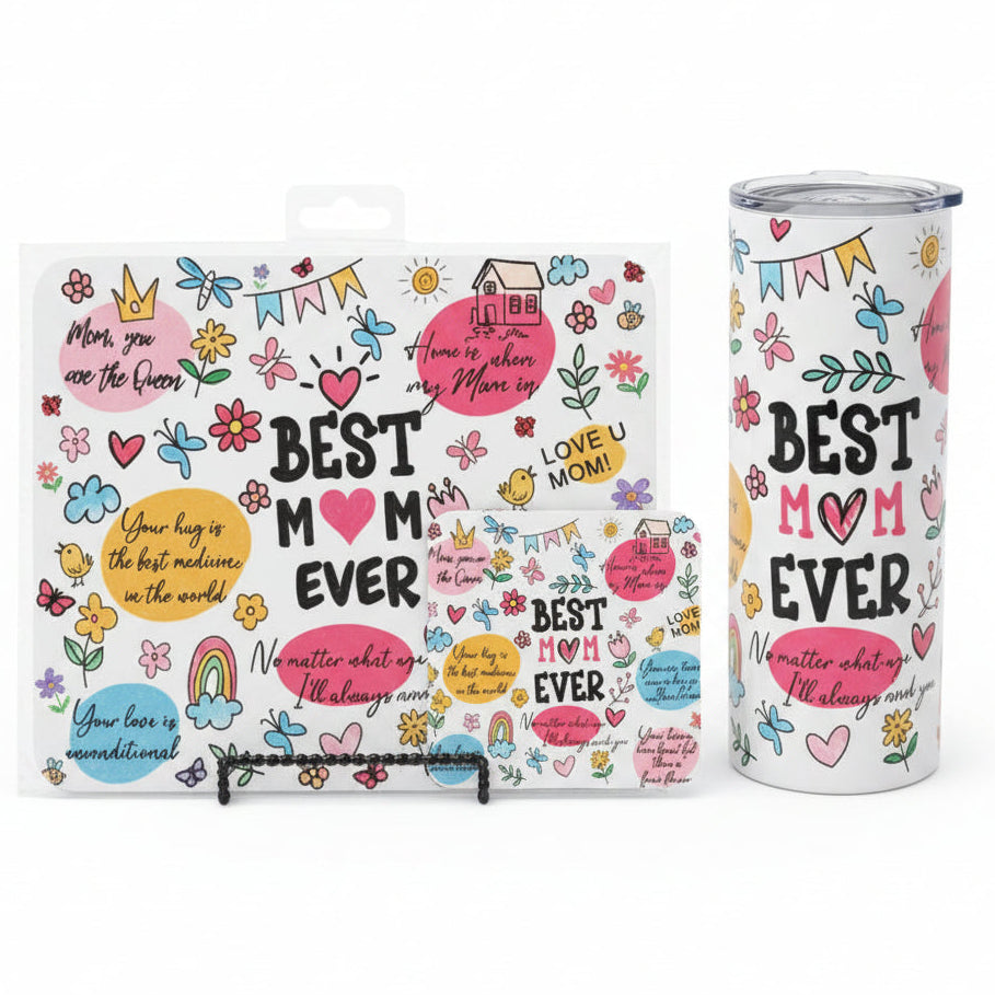 Notebook and tumbler set with 'Best Mom Ever' text and colorful designs.