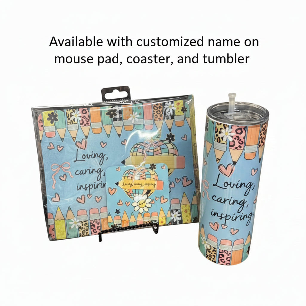 Tumbler with motivational quote and colorful design next to packaging on a white background