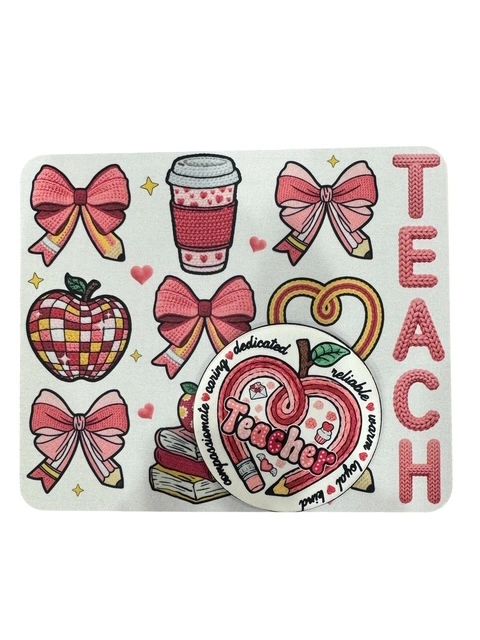 Mouse Pad & Coaster Set, Crochet Teacher Apples & Bows Pink