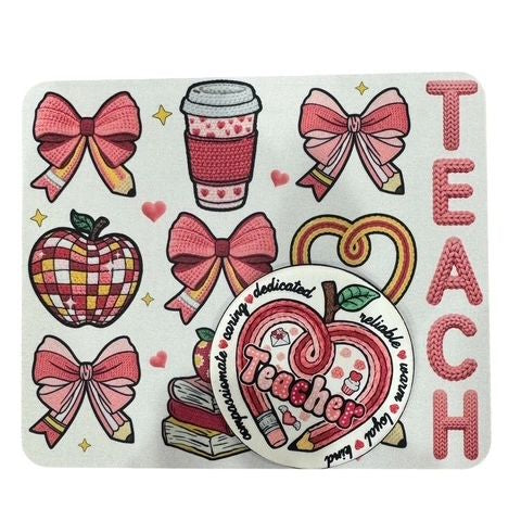 Mouse Pad & Coaster Set, Crochet Teacher Apples & Bows Pink