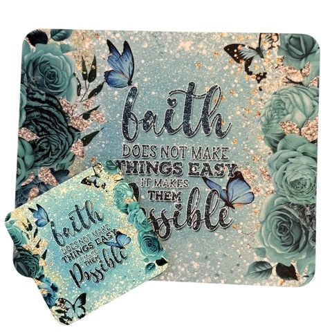 Mouse Pad & Coaster Set, Faith Makes Things Possible Teal Butterflies