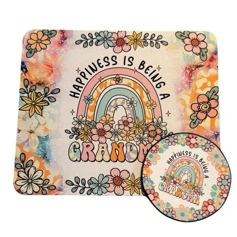 Mouse Pad & Coaster Set, Happiness is Being Grandma Retro Floral
