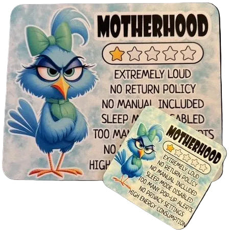 Cartoon owl character with a 'Motherhood' label on a dark background