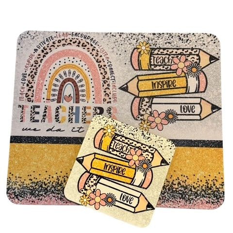 Mouse Pad & Coaster Set, Teach Inspire Love Pencils & Rainbow