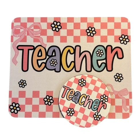 Mouse Pad & Coaster Set, Teacher Bright Pink Checkerboard w/ Daisies