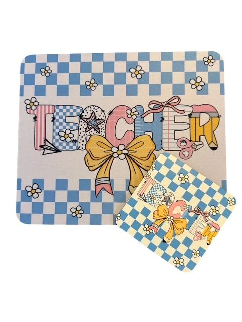 Mouse Pad & Coaster Set, Teacher Lt Blue Checkerboard w/ Bow