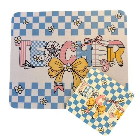 Mouse Pad & Coaster Set, Teacher Lt Blue Checkerboard w/ Bow