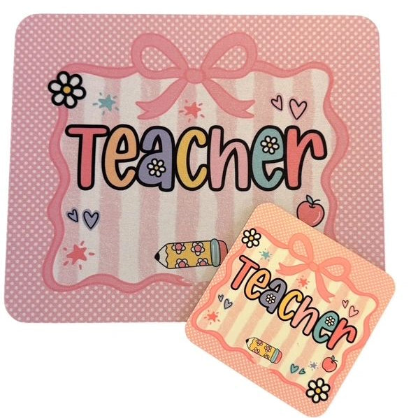Mouse Pad & Coaster Set, Teacher Tiny Polka Dot Pink Frame