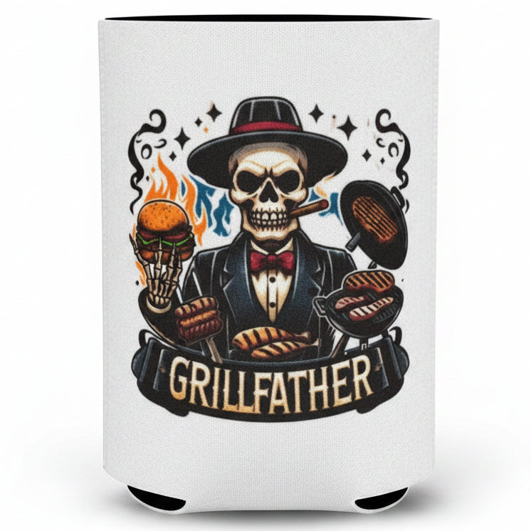 Koozie with skull design and 'Grillfather' text on a clear background