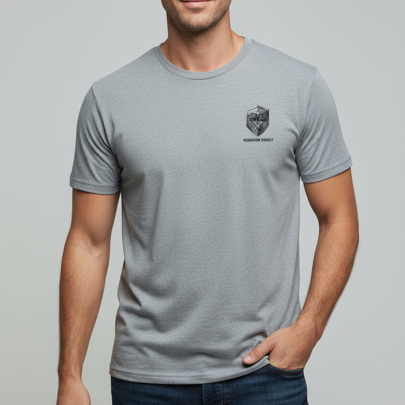 Gray t-shirt with a logo on a white background