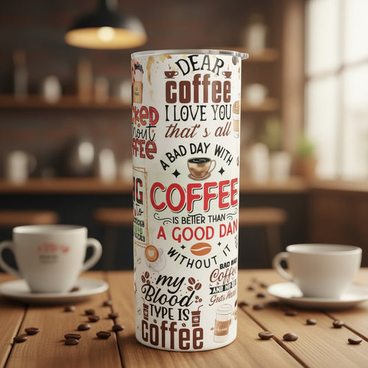 Tumblers with various designs, including one with coffee-themed text and another with a hot dog and popcorn illustration.
