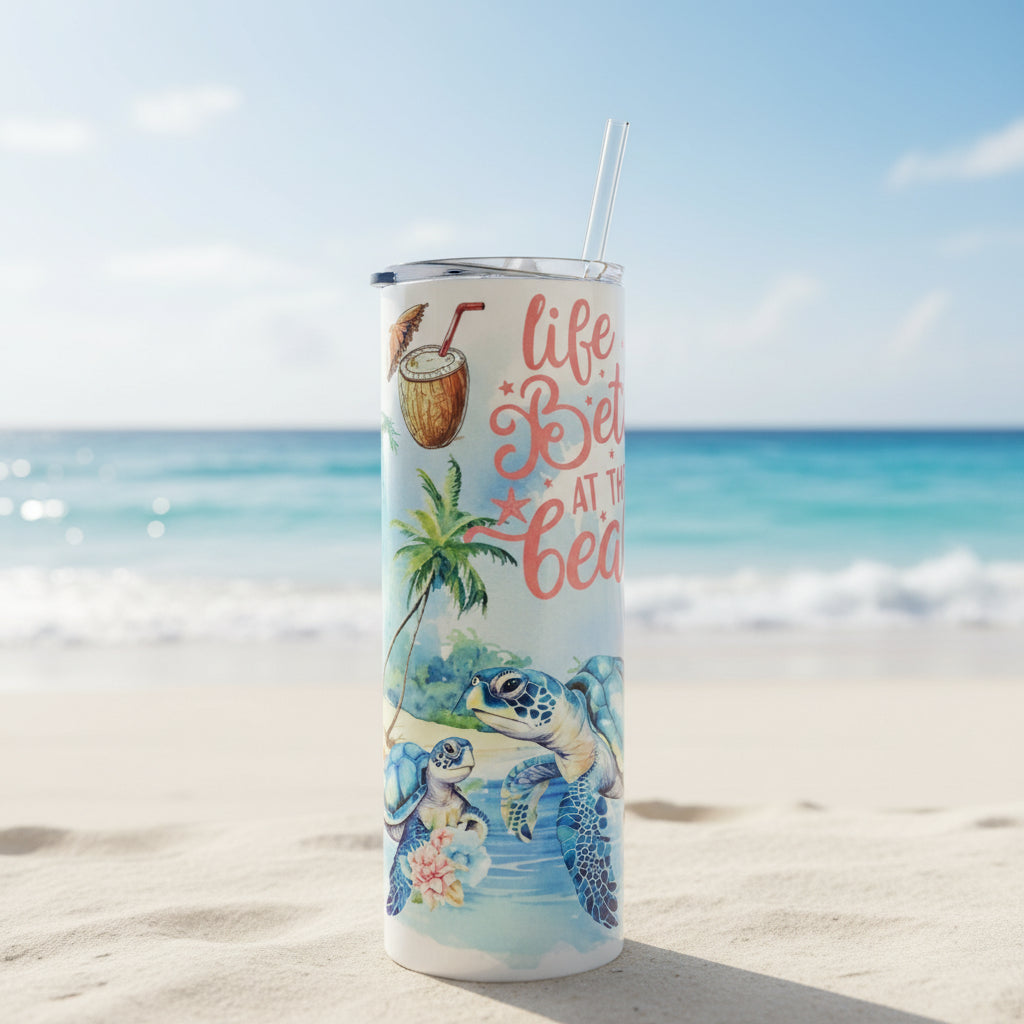 20 oz skinny stainless-steel tumbler, Life is Better at the Beach