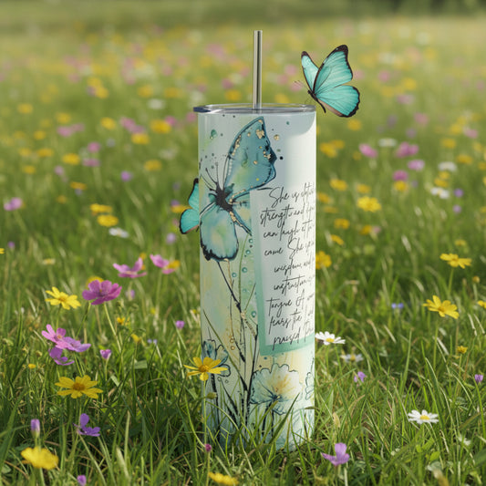 Tall cylindrical container with butterfly design and text on a metal rack.