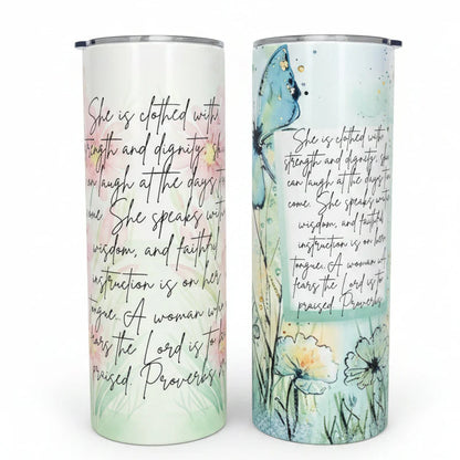 20 oz skinny stainless-steel tumbler, Proverbs 31 Pink