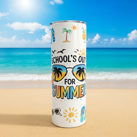 Tumbler with 'School's Out for Summer' design featuring palm trees, sunglasses, and sun.