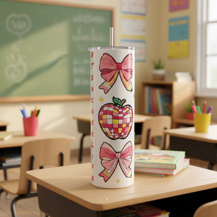 Tumbler with a checkered apple and pink bows design on a white background.