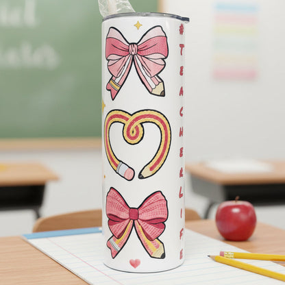 20 oz skinny tumbler, #TeacherLife Pink Coquette Bows & Apples