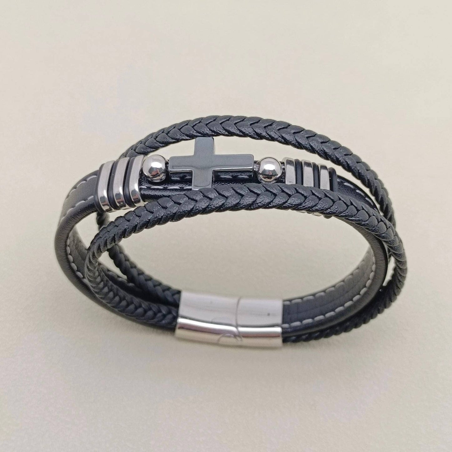 Stone Cross Charm 3 Layer Leather Men's Bracelet - MJ/BC: A