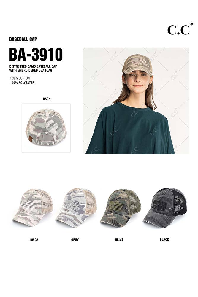 C.C American Flag Embroidery Camo Baseball Cap: Olive