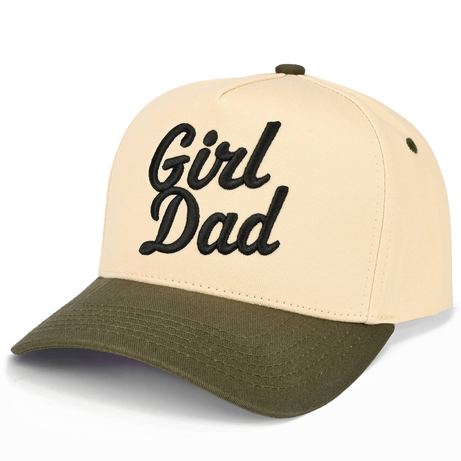 Beige and green cap with 'Girl Dad' text on a white background