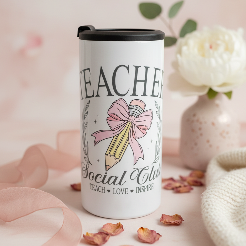 4-in-1 Can Cooler, Teacher Society Pink Coquette Bow