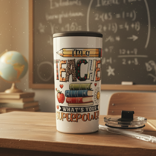 4-in-1 Can Cooler, Teacher Superpowers – Retro Classroom, No Straw