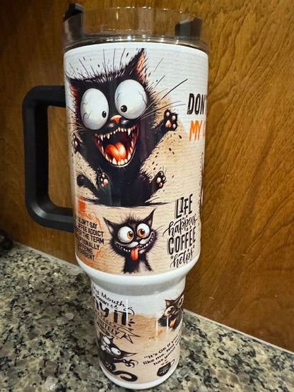 40 oz Stainless Steel Tumbler, Coffee Crazy Cat