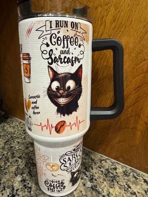 40 oz Stainless Steel Tumbler, Coffee Crazy Cat