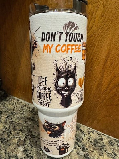 40 oz Stainless Steel Tumbler, Coffee Crazy Cat