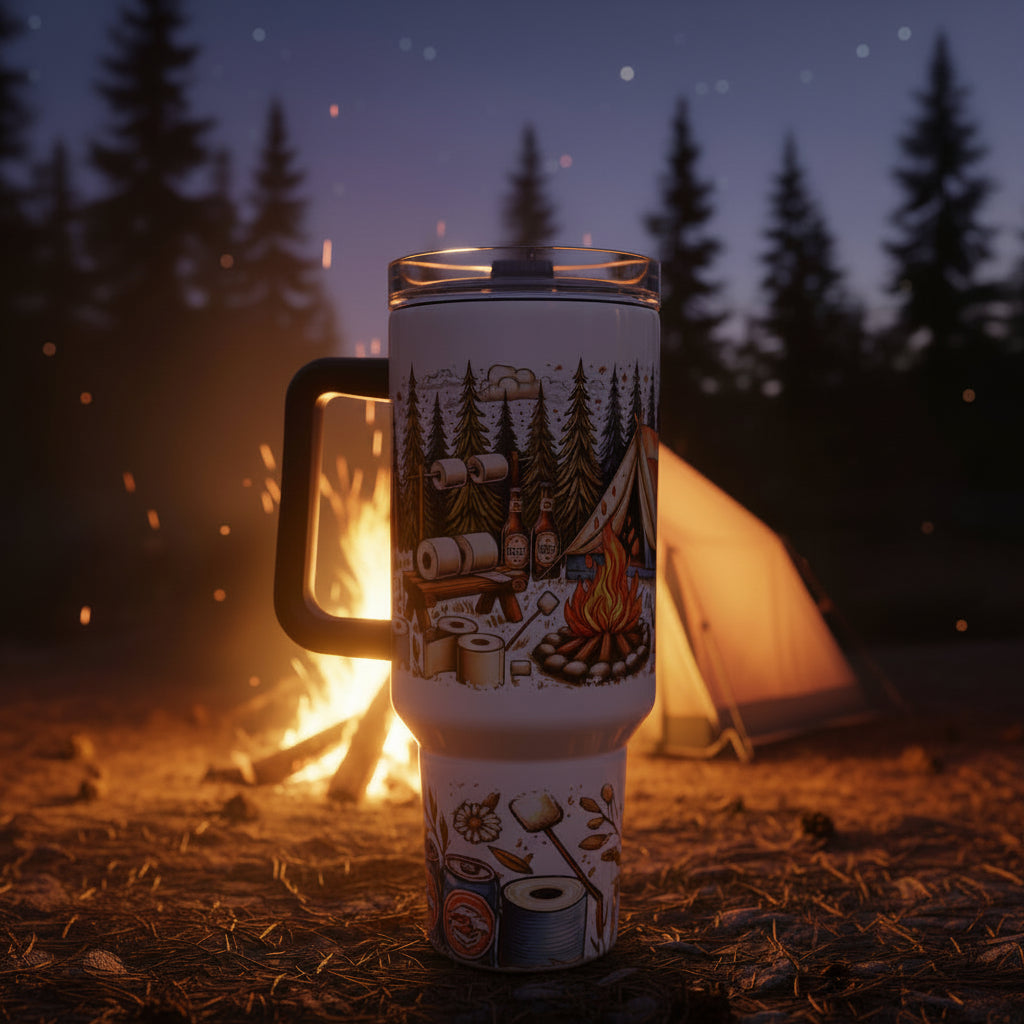 Tumbler with camping-themed design in front of a campsite at night