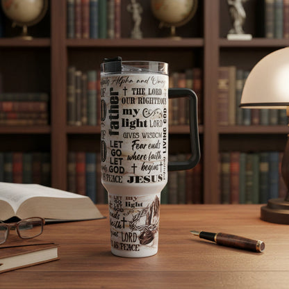 Travel mug with religious text design on a countertop