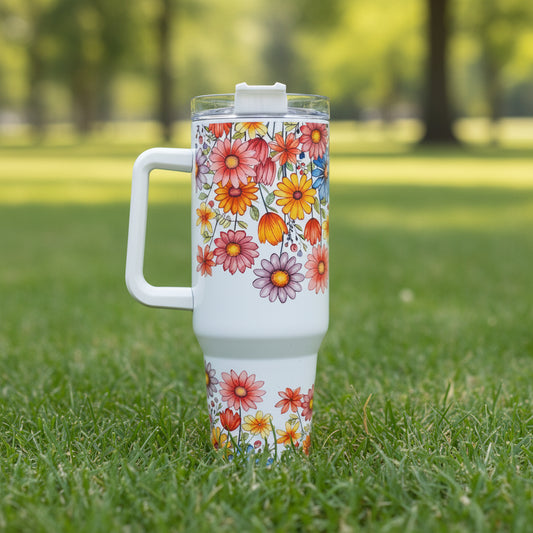 Floral-patterned tumbler on a grassy ground area