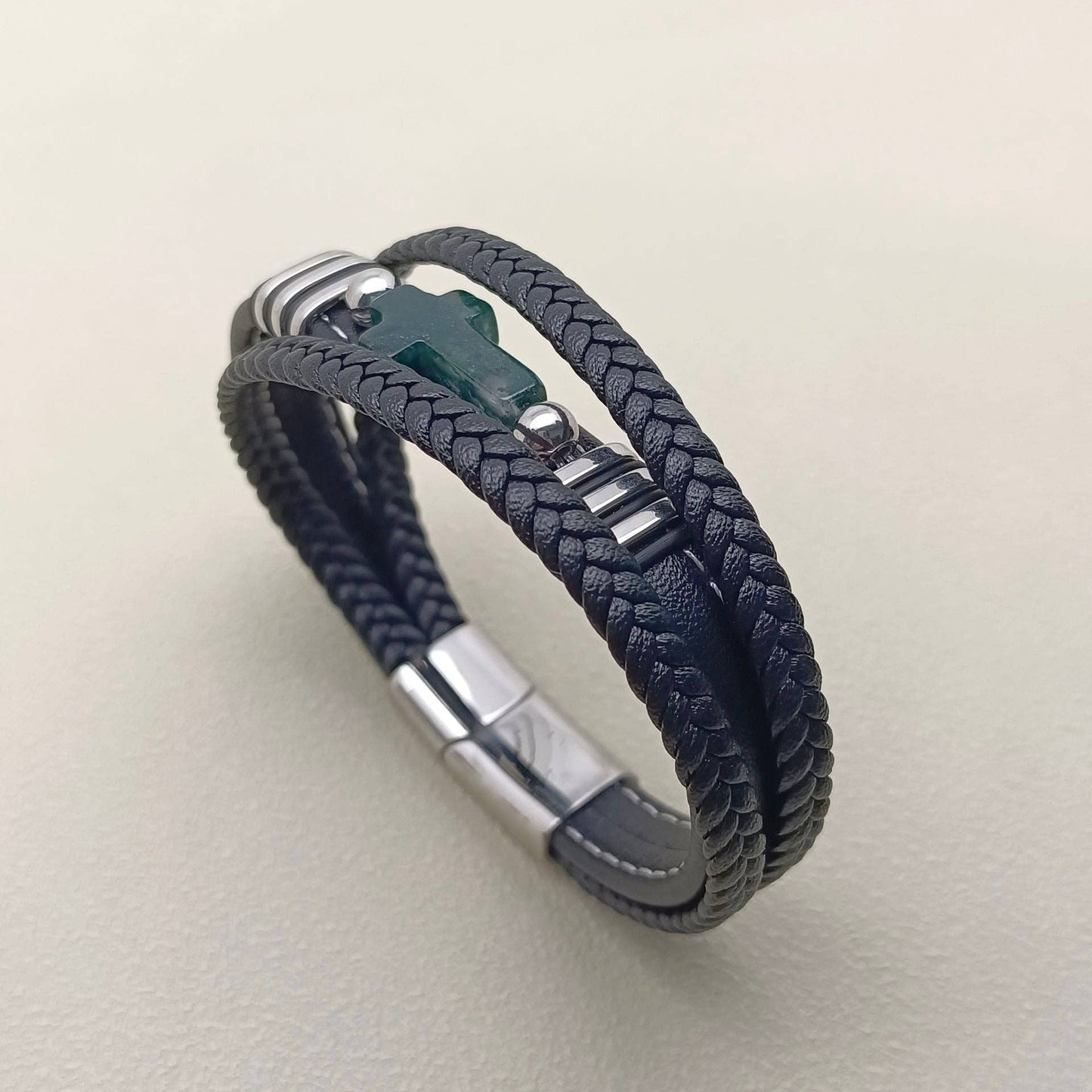 Stone Cross Charm 3 Layer Leather Men's Bracelet - MJ/BC: A