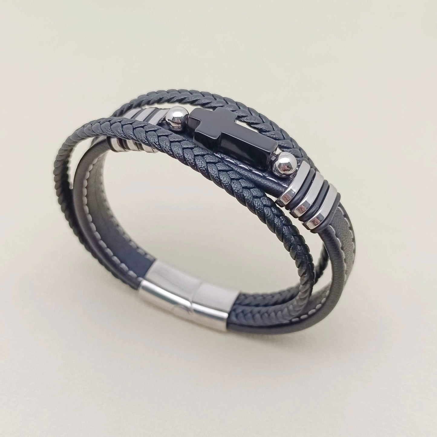 Stone Cross Charm 3 Layer Leather Men's Bracelet - MJ/BC: A
