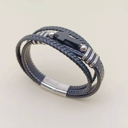 Stone Cross Charm 3 Layer Leather Men's Bracelet - MJ/BC: A
