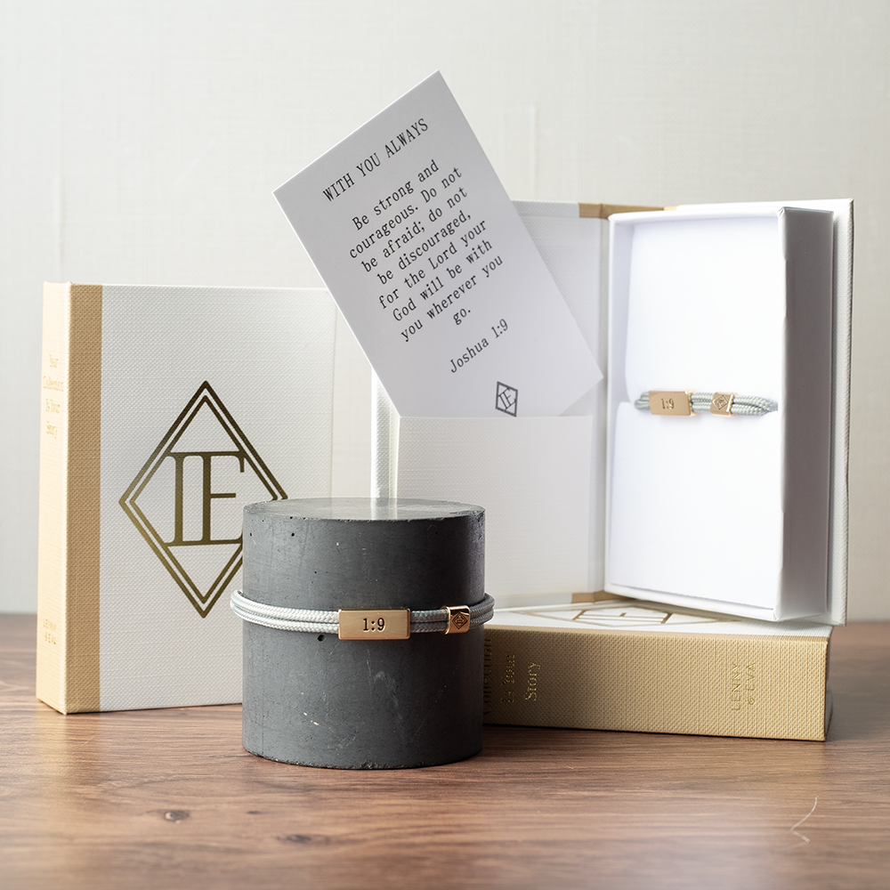 Bracelet with '1:9' on a gray cylindrical container and open box with card inside.
