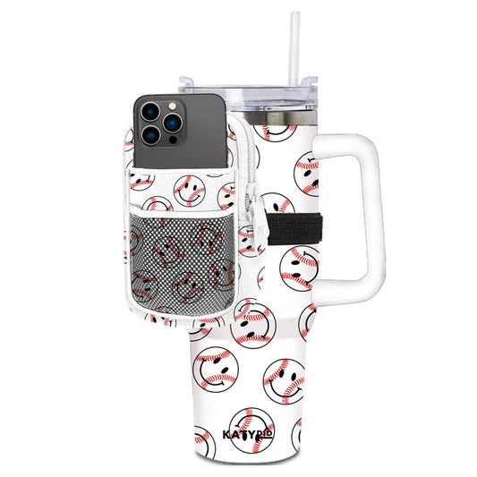 Phone case with a baseball pattern and straw lid on a white background