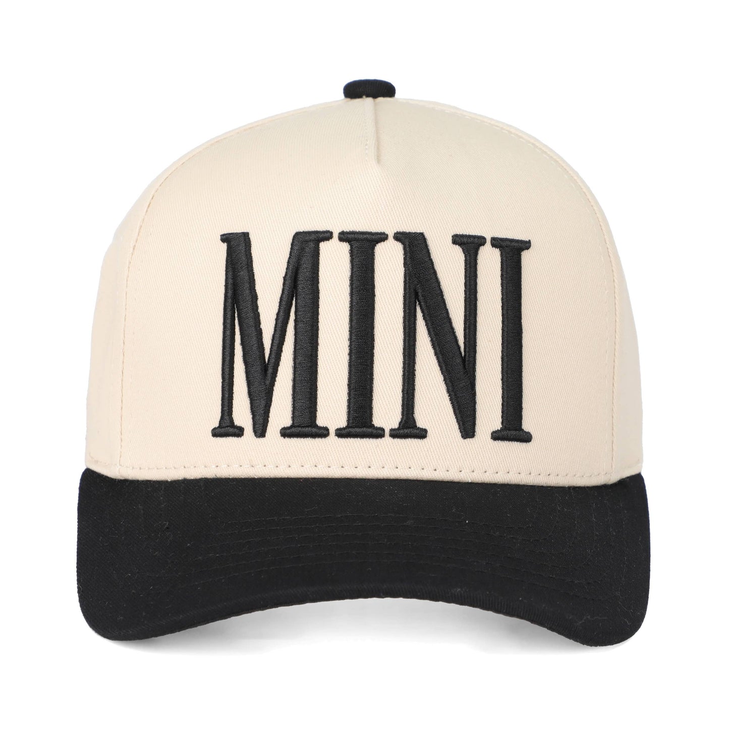 Beige and black cap with 'MINI' text on a white background