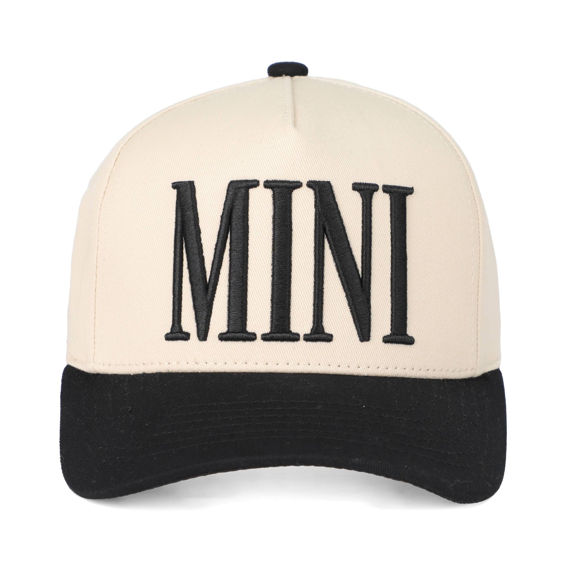 Beige and black cap with 'MINI' text on a white background